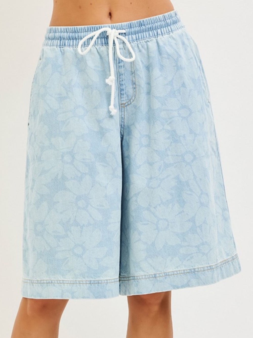 Light Blue Floral Denim Drawstring Shorts